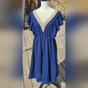 Navy Blue Lace V Neck Dress with Pockets